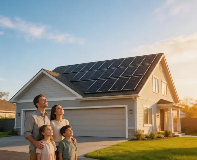 Happy homeowner with solar panels on roof